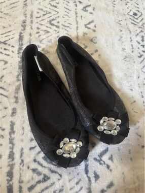 Cherokee Black Glitter Ballet Flats with Jewel Accent Size 8